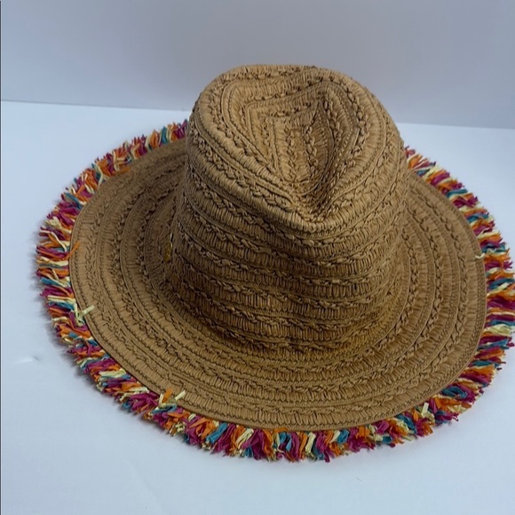 Betsey Johnson Tan Straw Hat with Multicolor Fringe